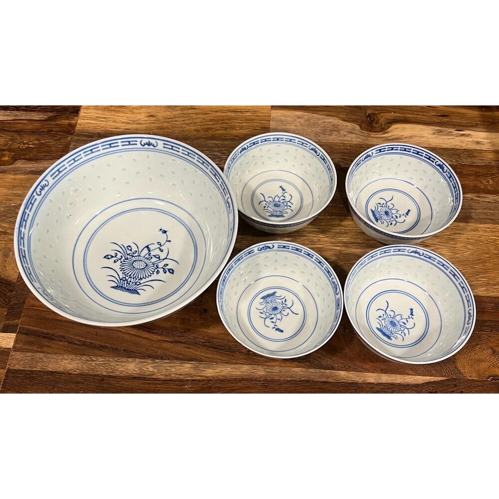 Vintage SECA “Rice-Eye” Pattern-Translucent "Ling Long" Porcelain 5 Piece Set